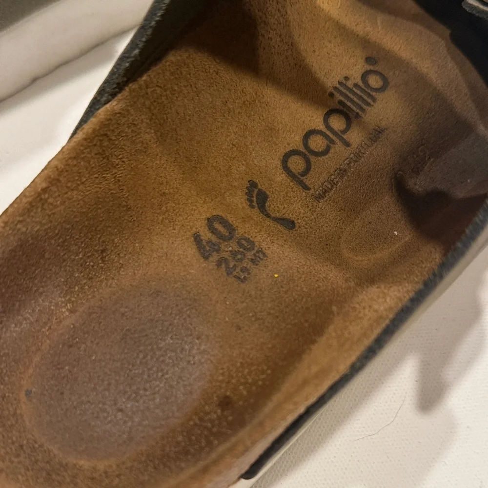 Papillio Taupe Double Strap Sandals with Silver Buckles